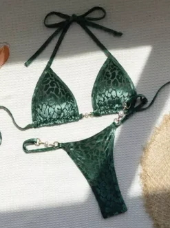 Leopard Bikini Set For Women - Halter Neck Pearl Hardware Top & Thong - Summer Yacht Resort Pool Party 2026