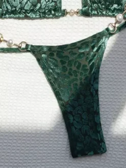 Leopard Bikini Set For Women - Halter Neck Pearl Hardware Top & Thong - Summer Yacht Resort Pool Party 2026