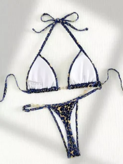 Leopard Bikini Set For Women - Halter Neck Pearl Hardware Top & Thong - Summer Yacht Resort Pool Party 2026