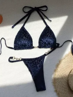 Leopard Bikini Set For Women - Halter Neck Pearl Hardware Top & Thong - Summer Yacht Resort Pool Party 2026