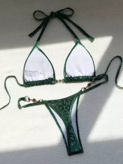 Leopard Bikini Set For Women - Halter Neck Pearl Hardware Top & Thong - Summer Yacht Resort Pool Party 2026
