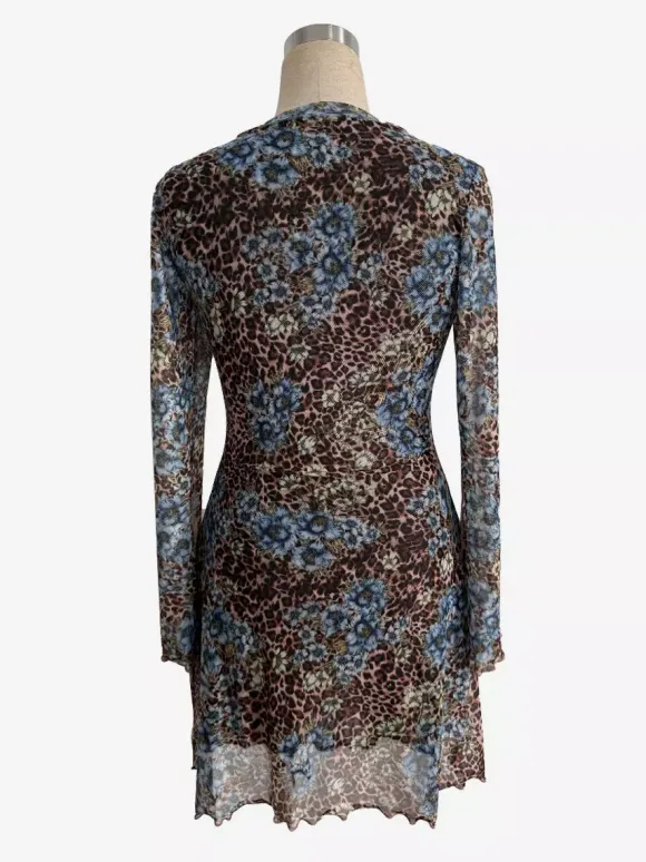 Leopard Floral Slit Flare Sleeve Mini Dress For Women 2026