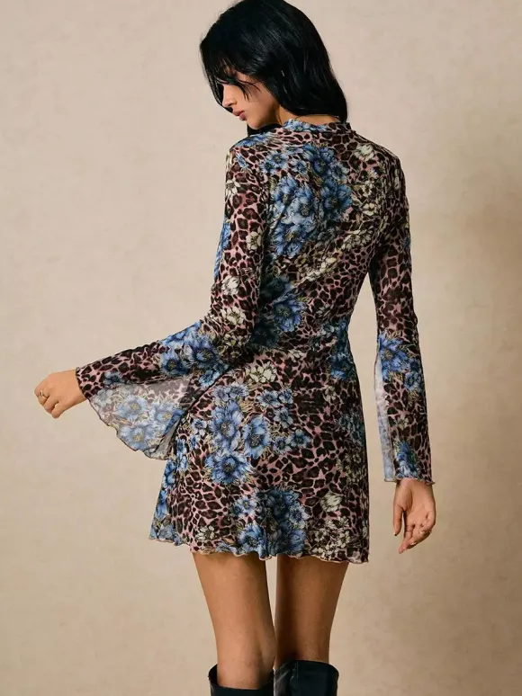 Leopard Floral Slit Flare Sleeve Mini Dress For Women 2026