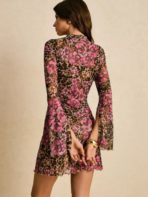 Leopard Floral Slit Flare Sleeve Mini Dress For Women 2026