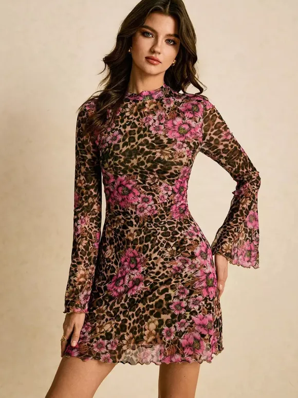 Leopard Floral Slit Flare Sleeve Mini Dress For Women 2026