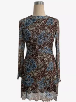 Leopard Floral Slit Flare Sleeve Mini Dress For Women 2026