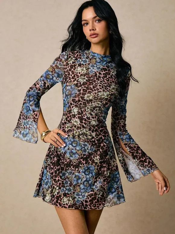 Leopard Floral Slit Flare Sleeve Mini Dress For Women 2026