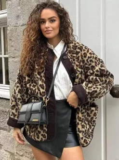 Leopard Jacket Pockets Buttons Casual Fall Spring Jackets For Women