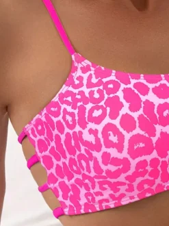 Leopard Print Bikini Set For Women - Neon Strappy 2Piece Swimsuit With Scoop Neck & Cutout Side Bottoms - Summer Beach 2026
