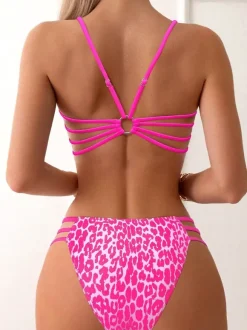 Leopard Print Bikini Set For Women - Neon Strappy 2Piece Swimsuit With Scoop Neck & Cutout Side Bottoms - Summer Beach 2026