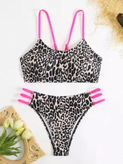 Leopard Print Bikini Set For Women - Neon Strappy 2Piece Swimsuit With Scoop Neck & Cutout Side Bottoms - Summer Beach 2026