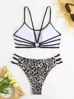 Leopard Print Bikini Set For Women - Neon Strappy 2Piece Swimsuit With Scoop Neck & Cutout Side Bottoms - Summer Beach 2026