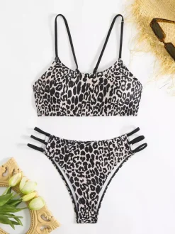 Leopard Print Bikini Set For Women - Neon Strappy 2Piece Swimsuit With Scoop Neck & Cutout Side Bottoms - Summer Beach 2026