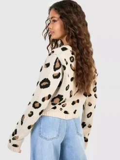 Leopard Print Crop Cardigan Tie Front Long Sleeve Knit Top For Women 2026
