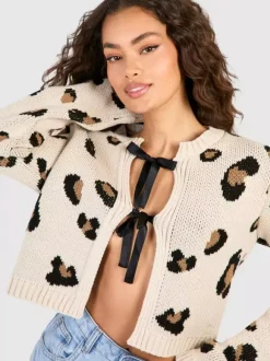 Leopard Print Crop Cardigan Tie Front Long Sleeve Knit Top For Women 2026