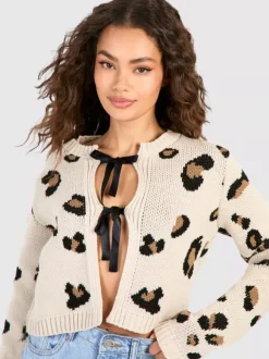 Leopard Print Crop Cardigan Tie Front Long Sleeve Knit Top For Women 2026