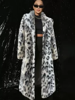 Leopard Print Faux Fur Coats Oversized Lapel Winter Belted Long Jacket For 2026