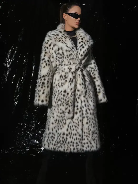 Leopard Print Faux Fur Coats Oversized Lapel Winter Belted Long Jacket For 2026