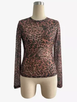 Leopard Print Mesh Slim Fit Long Sleeve Crew Neck Top For Women 2026