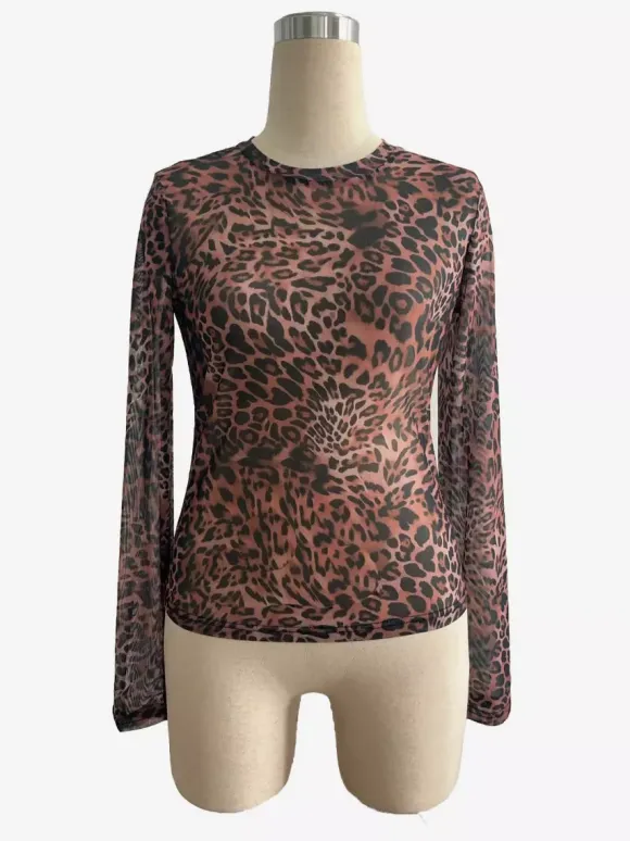 Leopard Print Mesh Slim Fit Long Sleeve Crew Neck Top For Women 2026