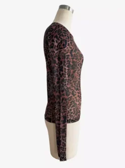 Leopard Print Mesh Slim Fit Long Sleeve Crew Neck Top For Women 2026
