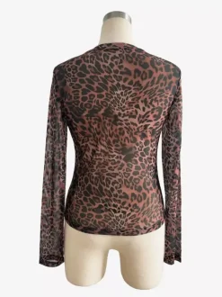 Leopard Print Mesh Slim Fit Long Sleeve Crew Neck Top For Women 2026