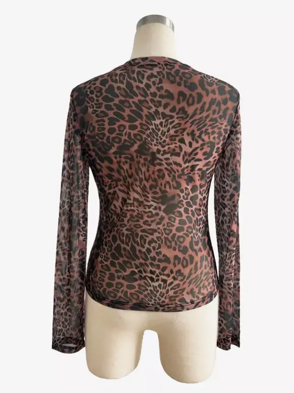 Leopard Print Mesh Slim Fit Long Sleeve Crew Neck Top For Women 2026