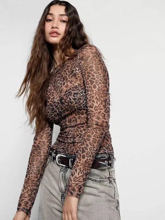 Leopard Print Mesh Slim Fit Long Sleeve Crew Neck Top For Women 2026