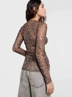 Leopard Print Mesh Slim Fit Long Sleeve Crew Neck Top For Women 2026