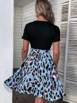 Leopard Print Mini Dress for Women - Jewel Neck A-line Short Sleeve Tie Waist Skater Dress - Summer Casual Streetwear 2026