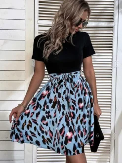 Leopard Print Mini Dress for Women - Jewel Neck A-line Short Sleeve Tie Waist Skater Dress - Summer Casual Streetwear 2026