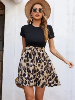 Leopard Print Mini Dress for Women - Jewel Neck A-line Short Sleeve Tie Waist Skater Dress - Summer Casual Streetwear 2026