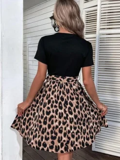 Leopard Print Mini Dress for Women - Jewel Neck A-line Short Sleeve Tie Waist Skater Dress - Summer Casual Streetwear 2026