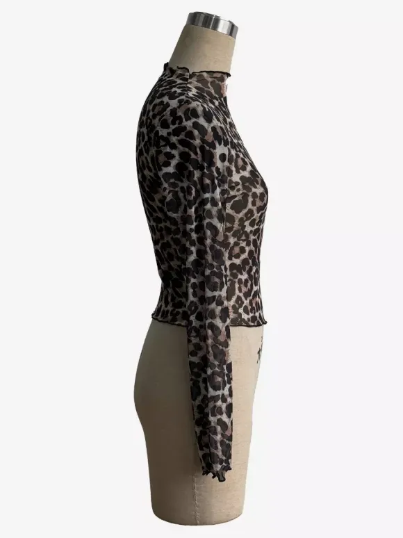 Leopard Print Mock Neck Lettuce Trim Mesh Slim Fit Skinny Top For Women 2026