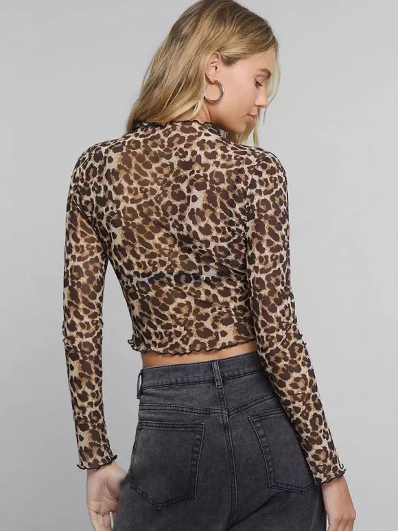 Leopard Print Mock Neck Lettuce Trim Mesh Slim Fit Skinny Top For Women 2026