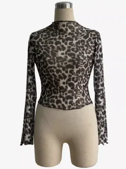 Leopard Print Mock Neck Lettuce Trim Mesh Slim Fit Skinny Top For Women 2026