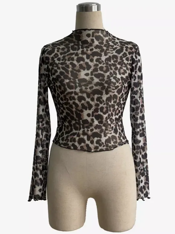 Leopard Print Mock Neck Lettuce Trim Mesh Slim Fit Skinny Top For Women 2026