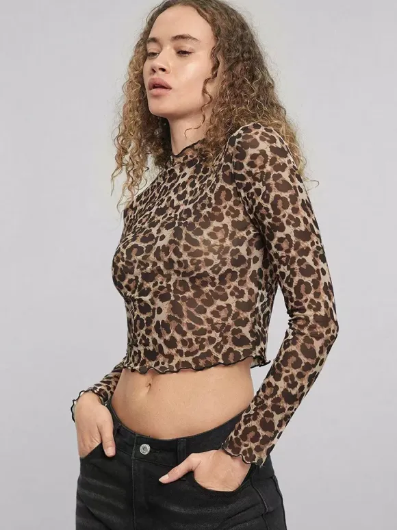 Leopard Print Mock Neck Lettuce Trim Mesh Slim Fit Skinny Top For Women 2026
