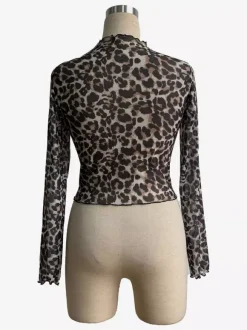 Leopard Print Mock Neck Lettuce Trim Mesh Slim Fit Skinny Top For Women 2026