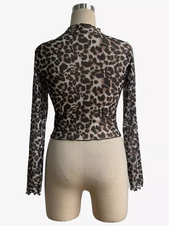 Leopard Print Mock Neck Lettuce Trim Mesh Slim Fit Skinny Top For Women 2026