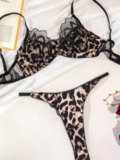 Leopard Print See Through Lingerie Black 2-Piece Bra Panty Thong Sets