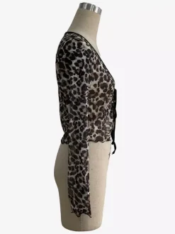 Leopard Print Tie Front Mesh Cardigan Long Sleeve Crop Top For Women 2026