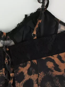 Leopard Print Women Mini Slip Dress - Brown Y2K Lace Patchwork Cami Slip Fit Flare - Summer Club Party Night Out 2026