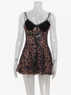 Leopard Print Women Mini Slip Dress - Brown Y2K Lace Patchwork Cami Slip Fit Flare - Summer Club Party Night Out 2026