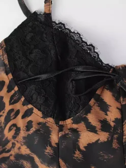 Leopard Print Women Mini Slip Dress - Brown Y2K Lace Patchwork Cami Slip Fit Flare - Summer Club Party Night Out 2026