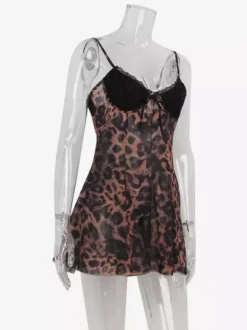 Leopard Print Women Mini Slip Dress - Brown Y2K Lace Patchwork Cami Slip Fit Flare - Summer Club Party Night Out 2026