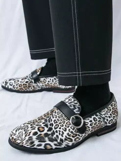 Leopard Slip On Loafers Round Toe Buckle Detail Casual Shoes