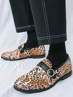 Leopard Slip On Loafers Round Toe Buckle Detail Casual Shoes