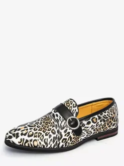 Leopard Slip On Loafers Round Toe Buckle Detail Casual Shoes