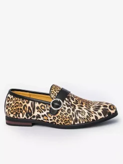 Leopard Slip On Loafers Round Toe Buckle Detail Casual Shoes